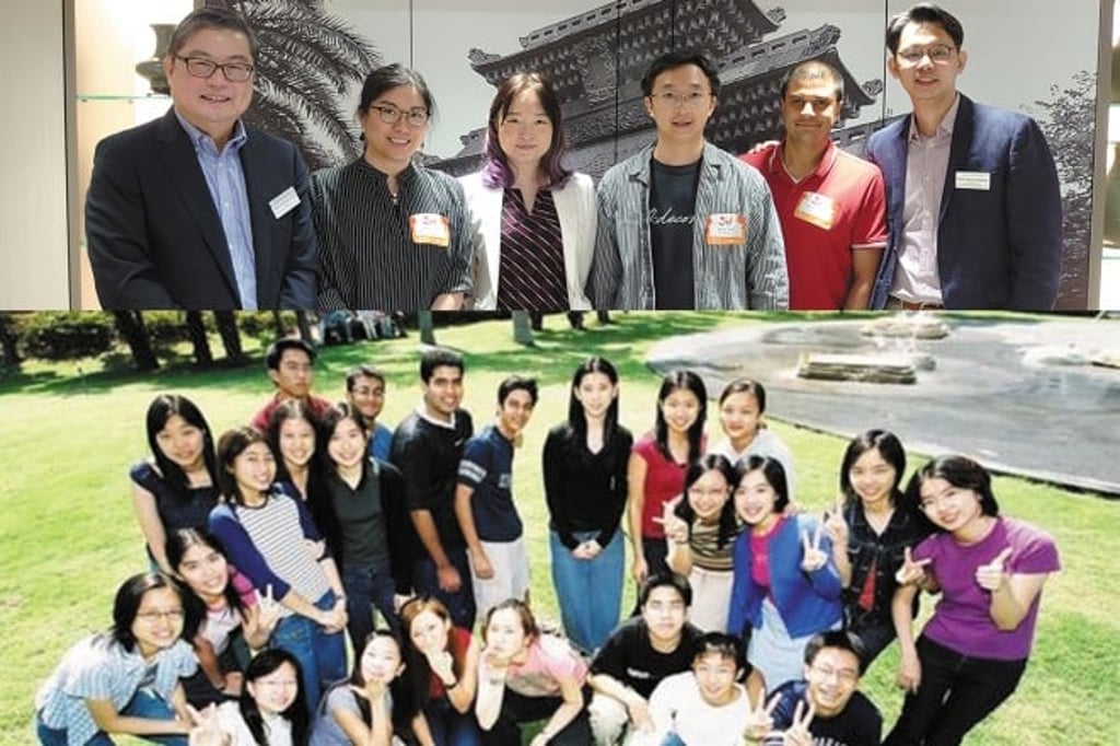 Top: Four first-cohort GBUSers (center) with School Dean (first from left) and Program Director (first from right) at a recent alumni gathering | Bottom: First-cohort GBUSers